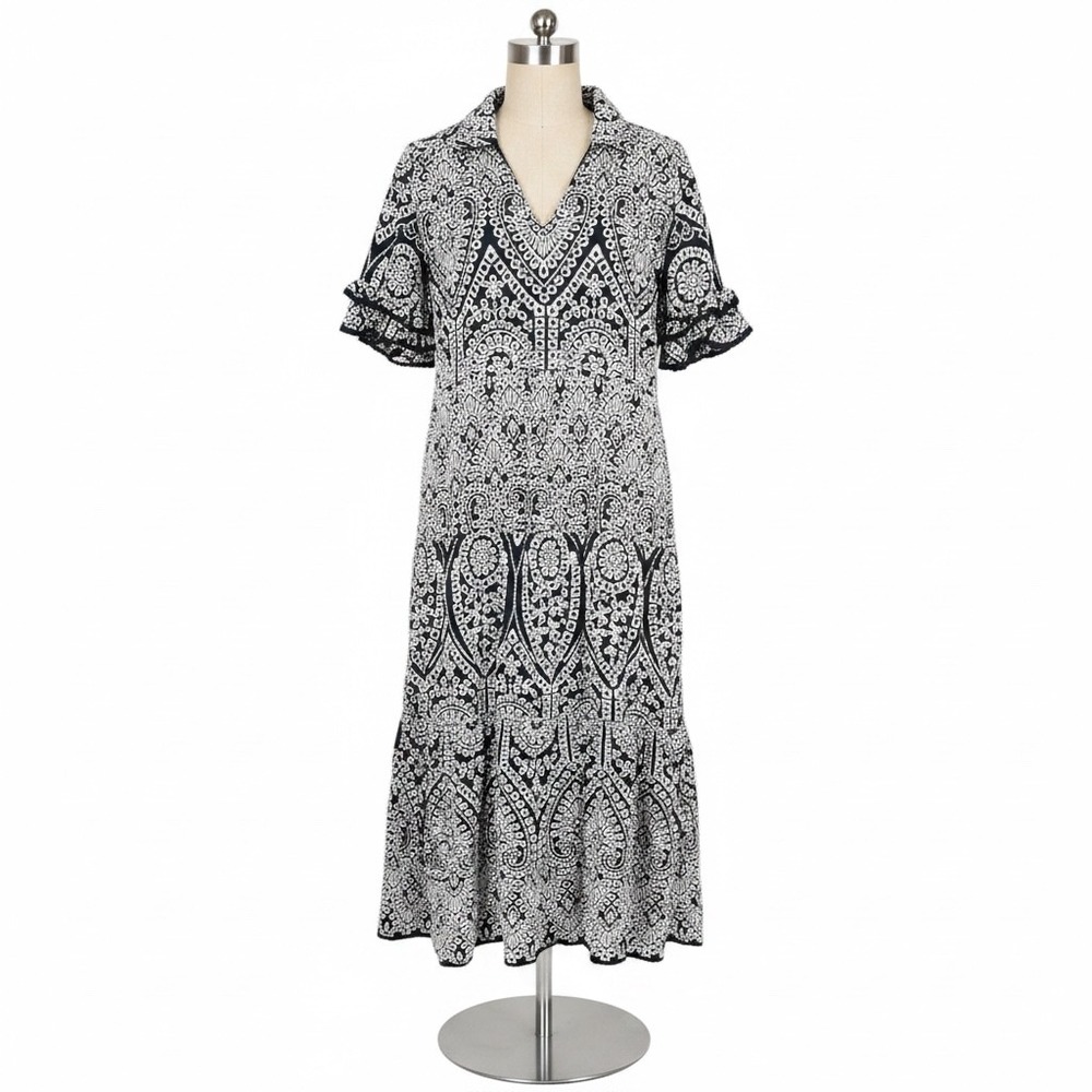Chico's Embroidered Eyelet Tiered Midi Dress Navy White Size 2.5 XL